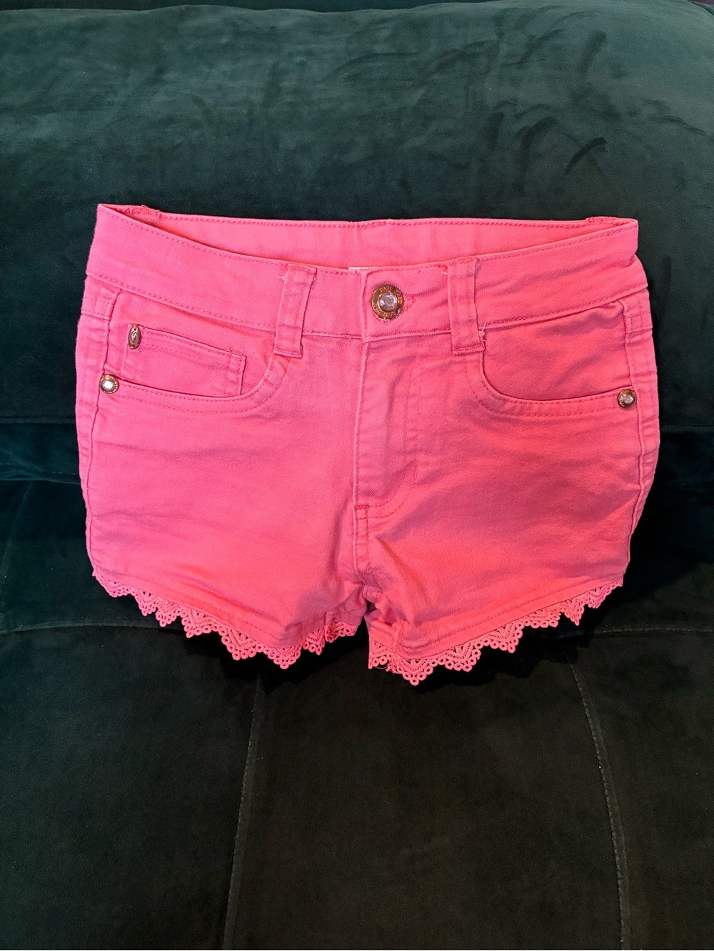 Baby Phat Bright Pink Lace-Trim Denim Shorts